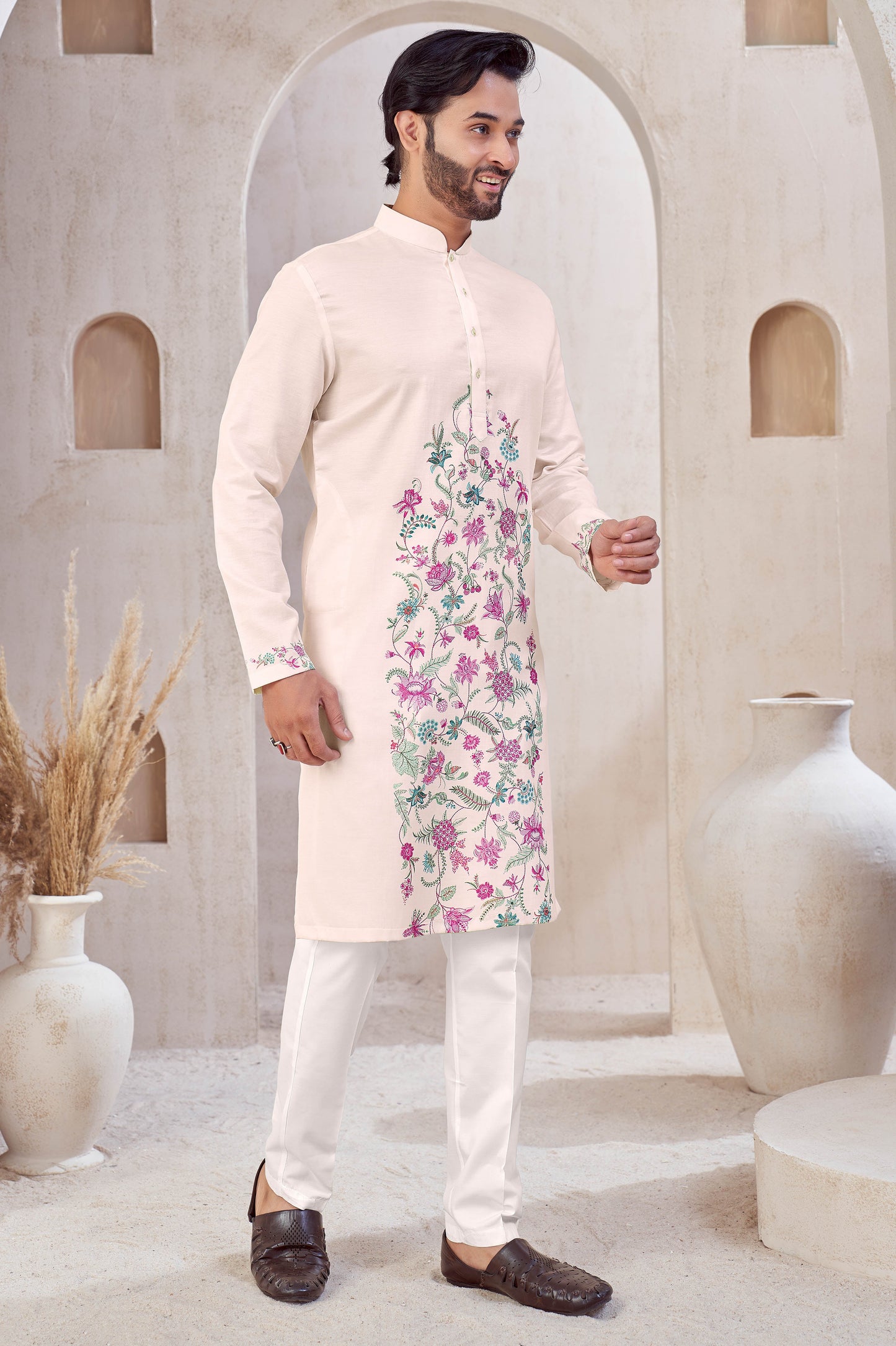 Ivory Floral Crest Kurta