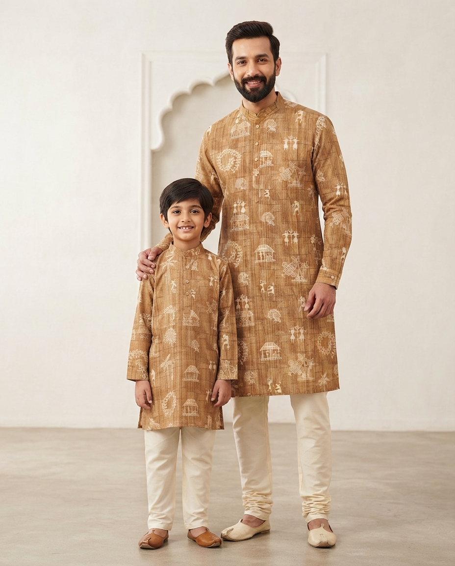 Father Son Matching Kurta & Silk Pant Set - Digital Print Wedding Wear