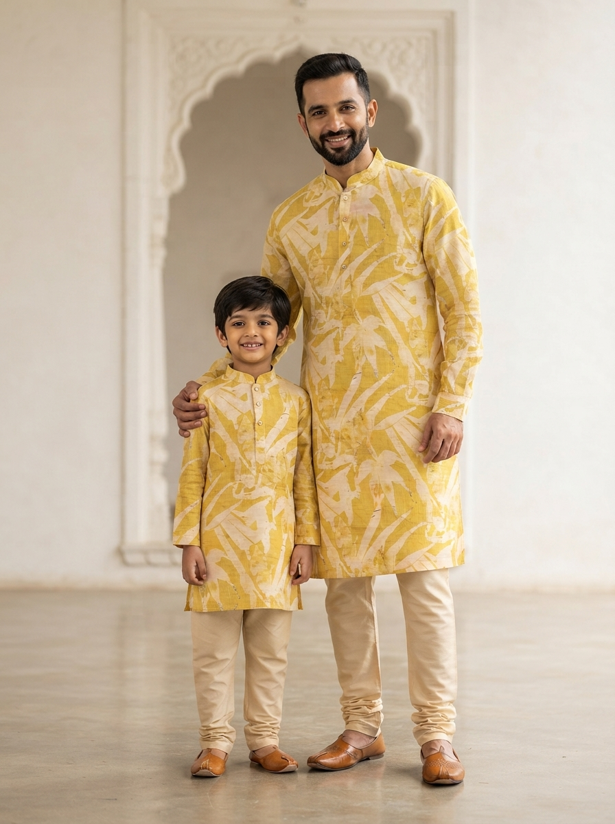 Father Son Twinning Kurta Set for Diwali - Digital Print Viscose & Silk