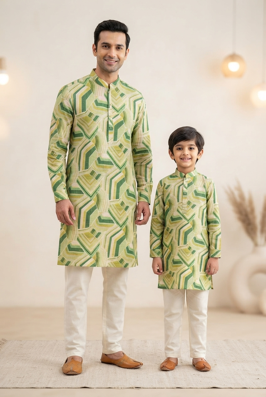 Father Son Traditional Kurta Pant Outfit for Reception - Silk & Viscose
