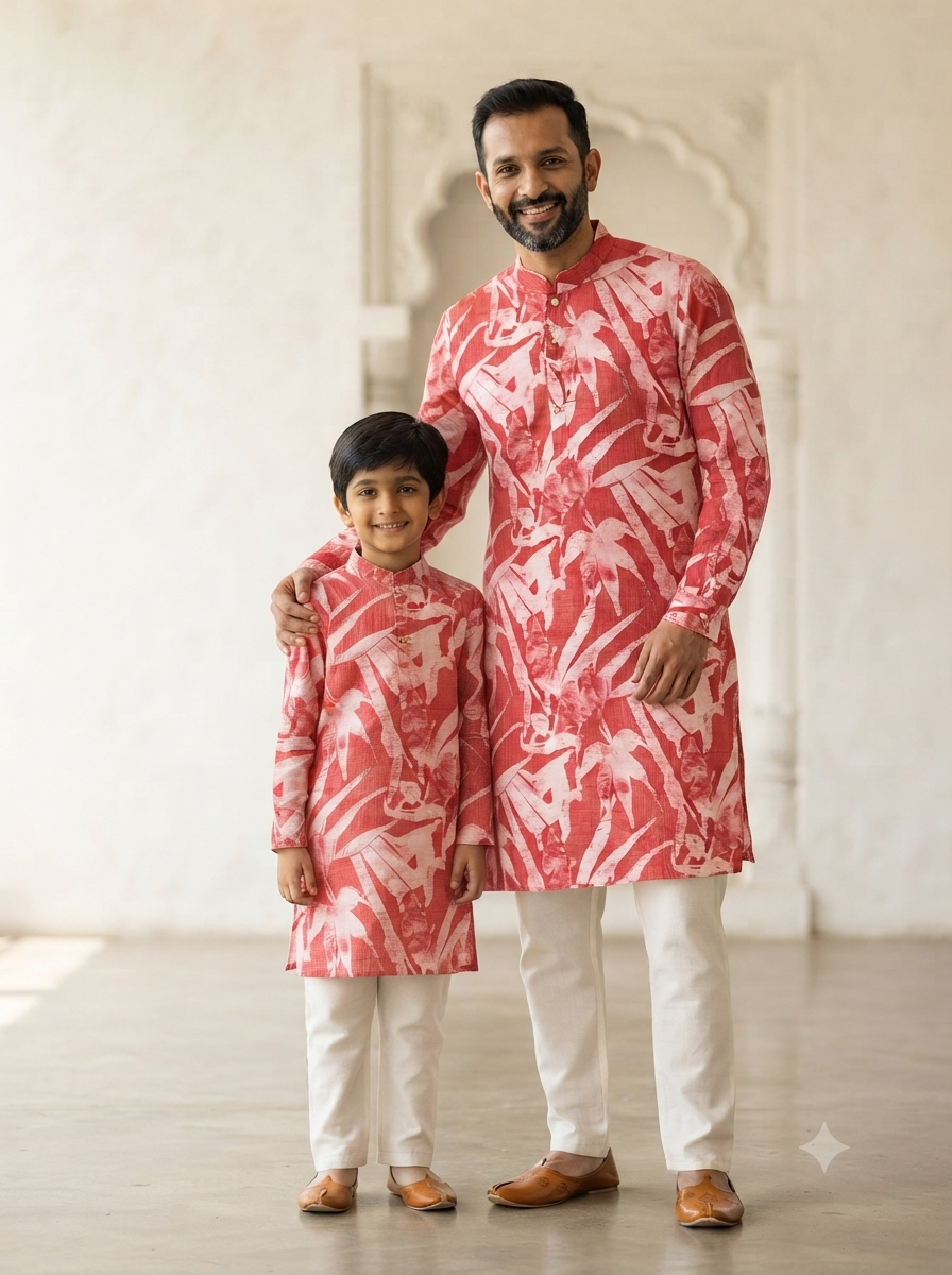 Father Son Festive Kurta Pant Combo - Viscose Digital Print with Silk Pants