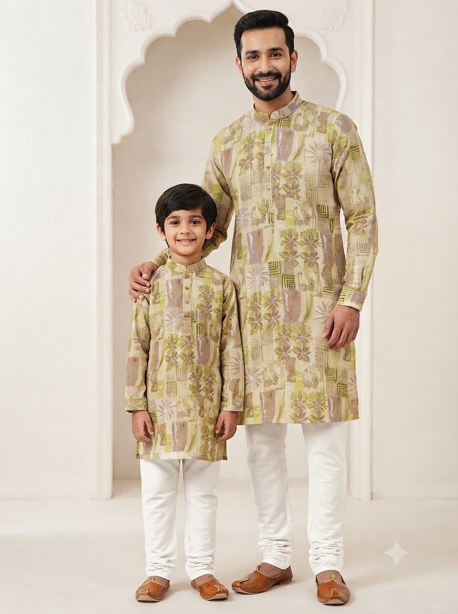 Father Son Matching Kurta Pant Set for Eid - Digital Print Viscose