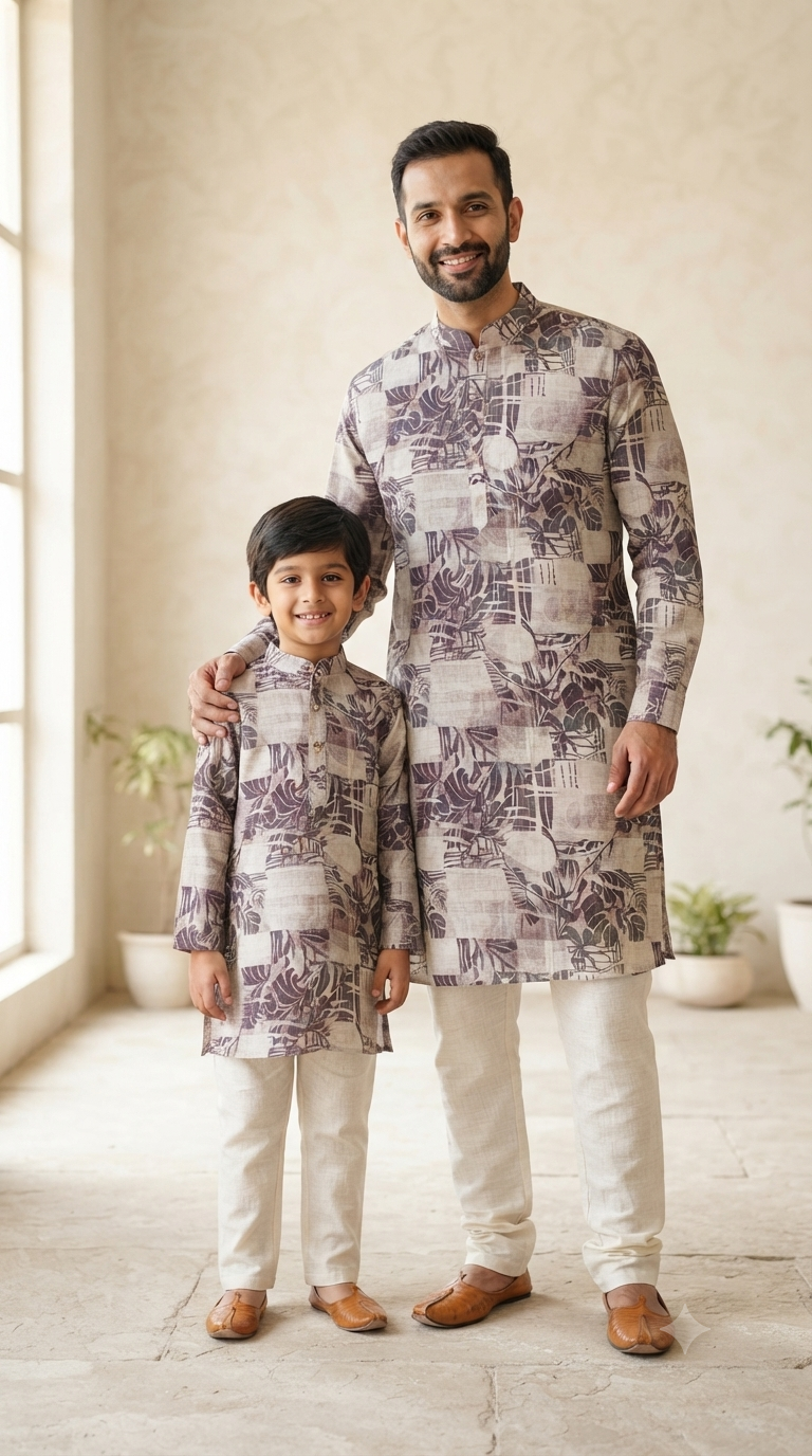 Father Son Twinning Kurta Pant Set for Sangeet - Digital Print