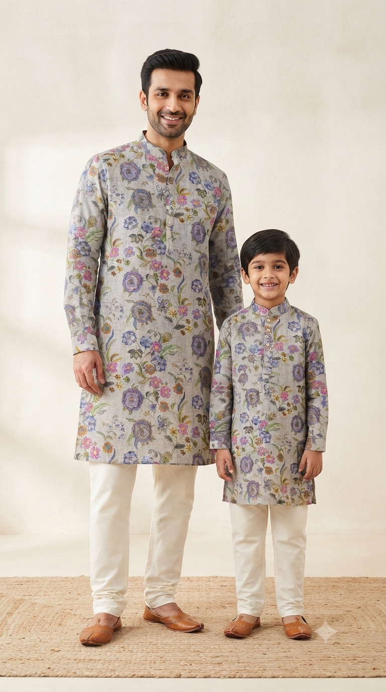 Father Son Ethnic Kurta Pant Set for Rakhi - Digital Print & Silk