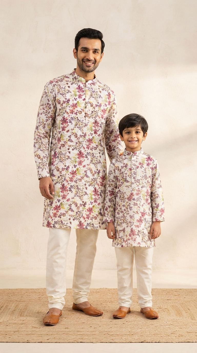 Father Son Ethnic Wear Set - Digital Print Viscose Kurta with Silk Pants