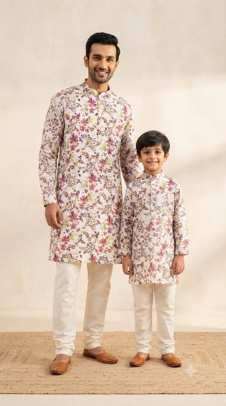 Father Son Ethnic Wear Set - Digital Print Viscose Kurta with Silk Pants
