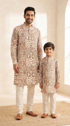 Father Son Traditional Outfit - Matching Digital Print Kurta & Silk Pant
