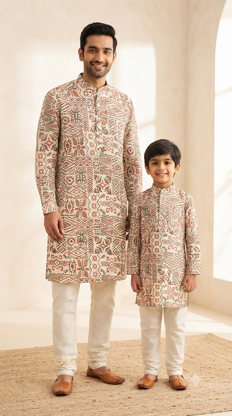 Father Son Traditional Outfit - Matching Digital Print Kurta & Silk Pant