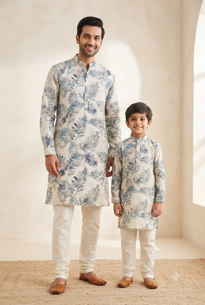 Father Son Twinning Party Wear Kurta Set - Digital Print Viscose