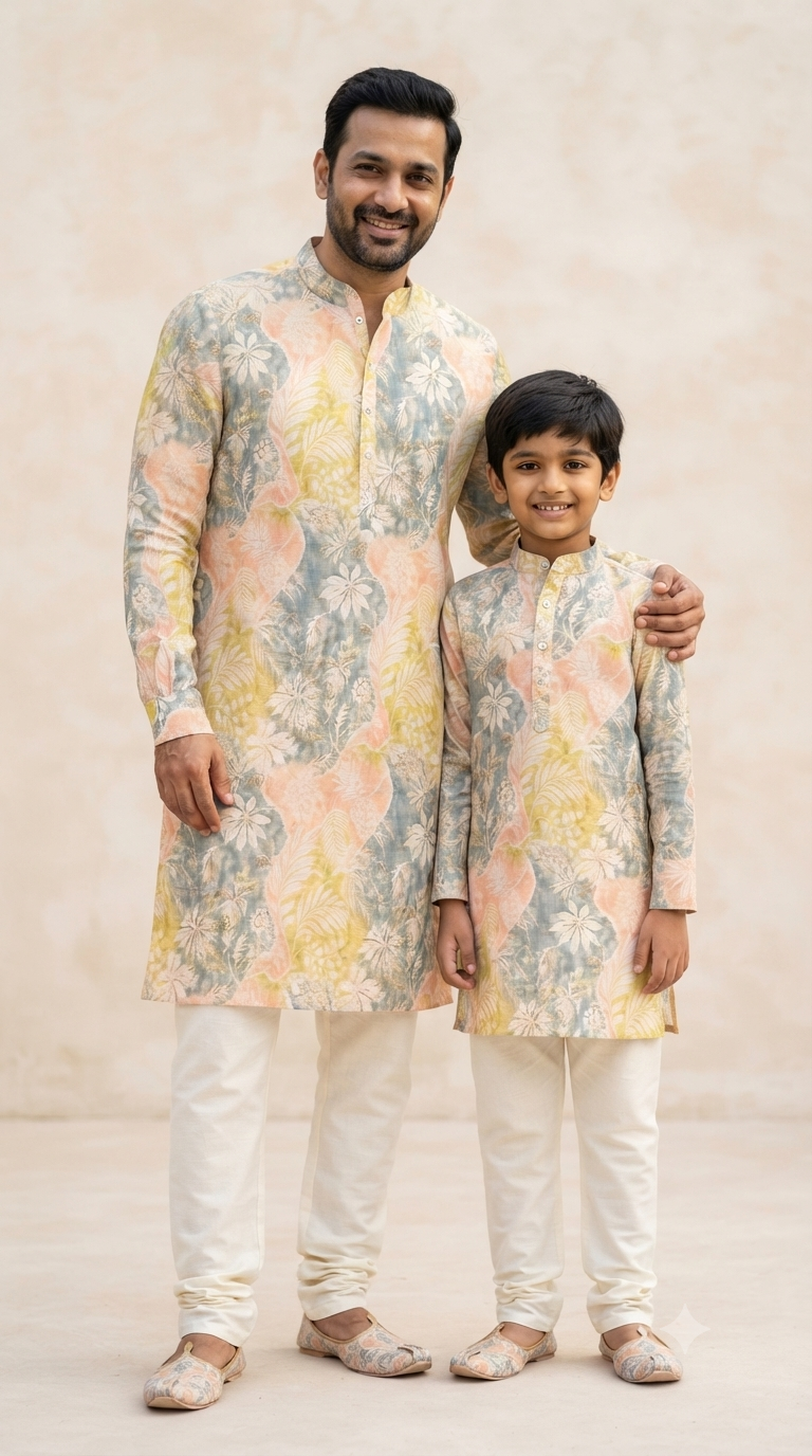 Father Son Twinning Kurta Pant Set for Navratri - Digital Print