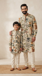 Father Son Matching Kurta Pant Set for Puja - Viscose & Silk