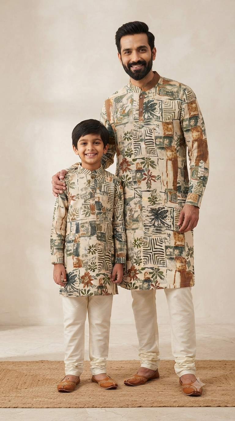Father Son Matching Kurta Pant Set for Puja - Viscose & Silk