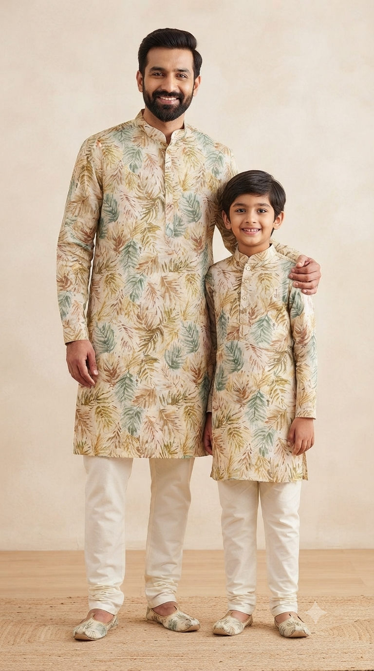 Father Son Traditional Kurta Set for Anniversary - Digital Print & Silk