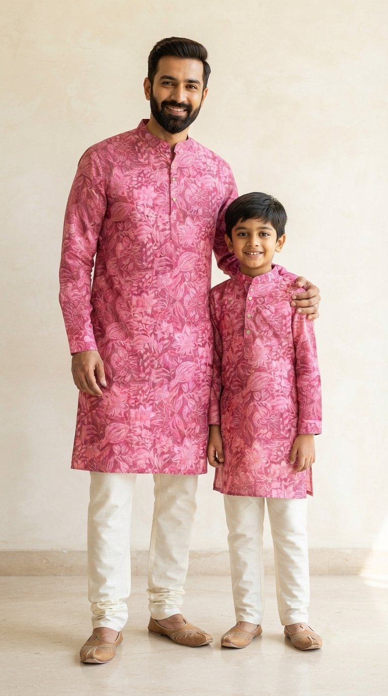 Father Son Ethnic Kurta Pant Set for Onam - Digital Print Viscose