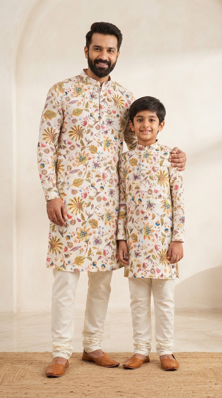 Matching Kurta Set for Dad and Son - Pongal Digital Print & Silk Pants