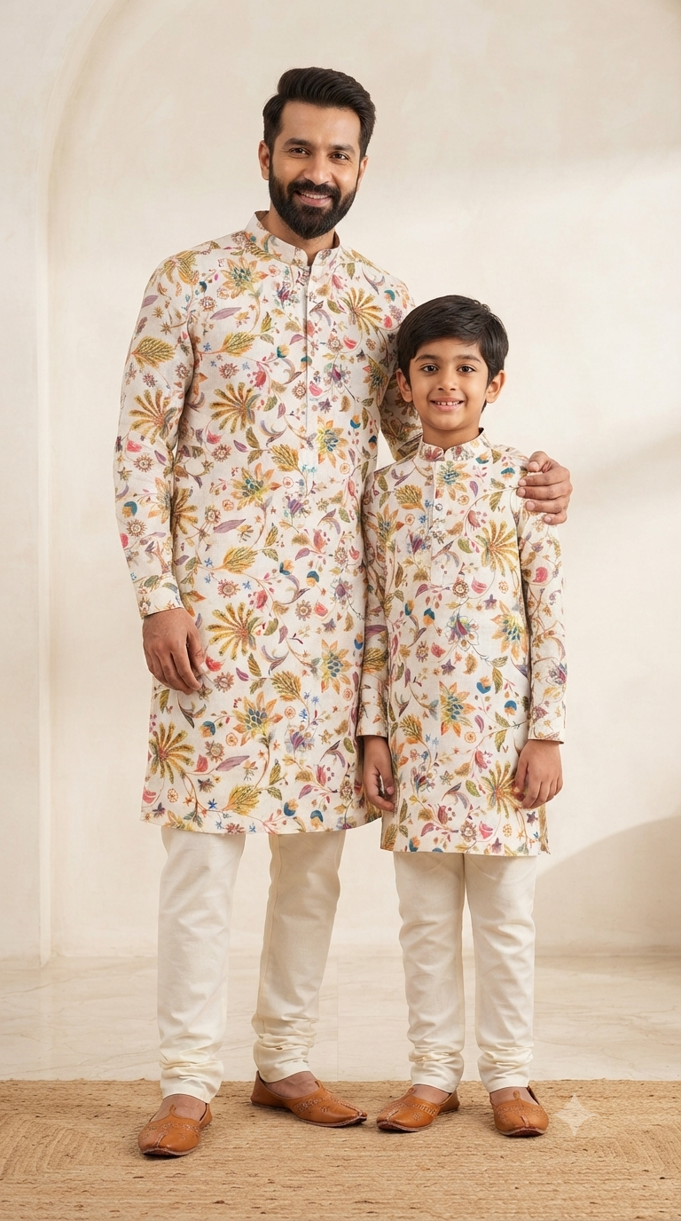 Matching Kurta Set for Dad and Son - Pongal Digital Print & Silk Pants