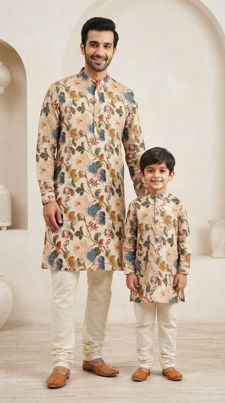 Father Son Combo Set for Baby Shower - Digital Print Kurta & Silk Pants