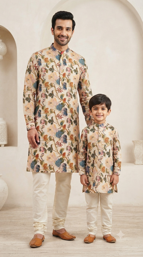 Father Son Combo Set for Baby Shower - Digital Print Kurta & Silk Pants