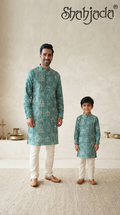 Father Son Twinning Kurta Set for Mehendi - Digital Print & Silk Pants