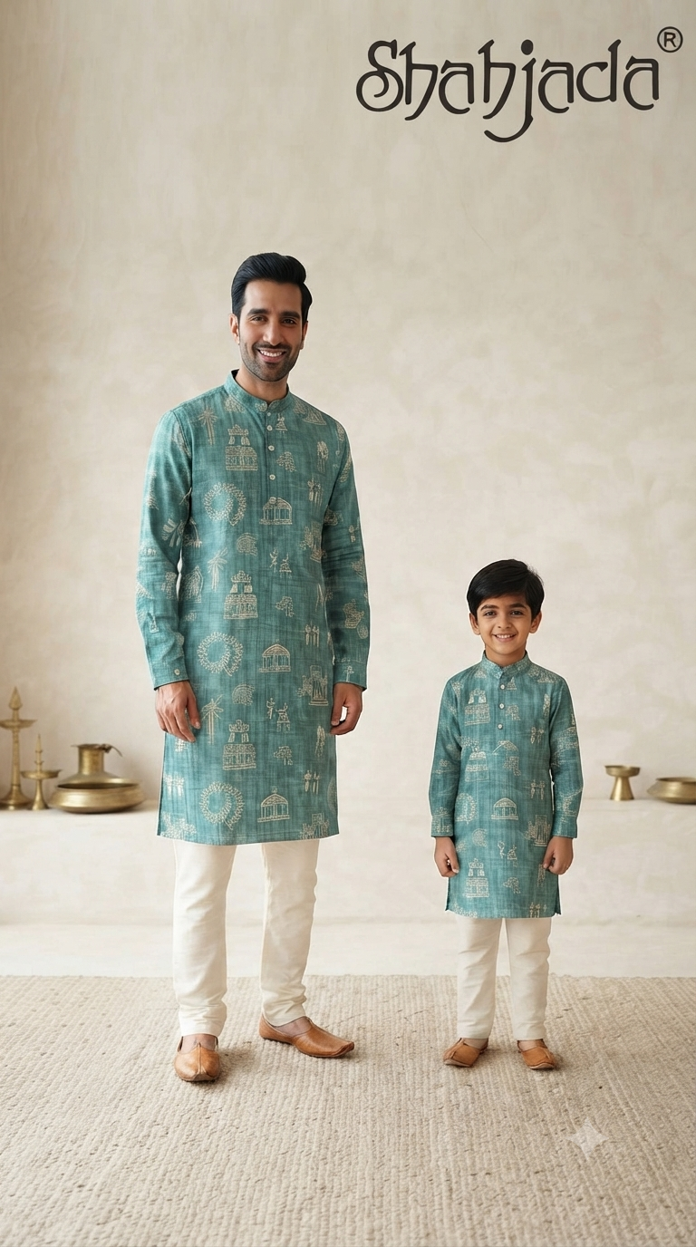 Father Son Twinning Kurta Set for Mehendi - Digital Print & Silk Pants