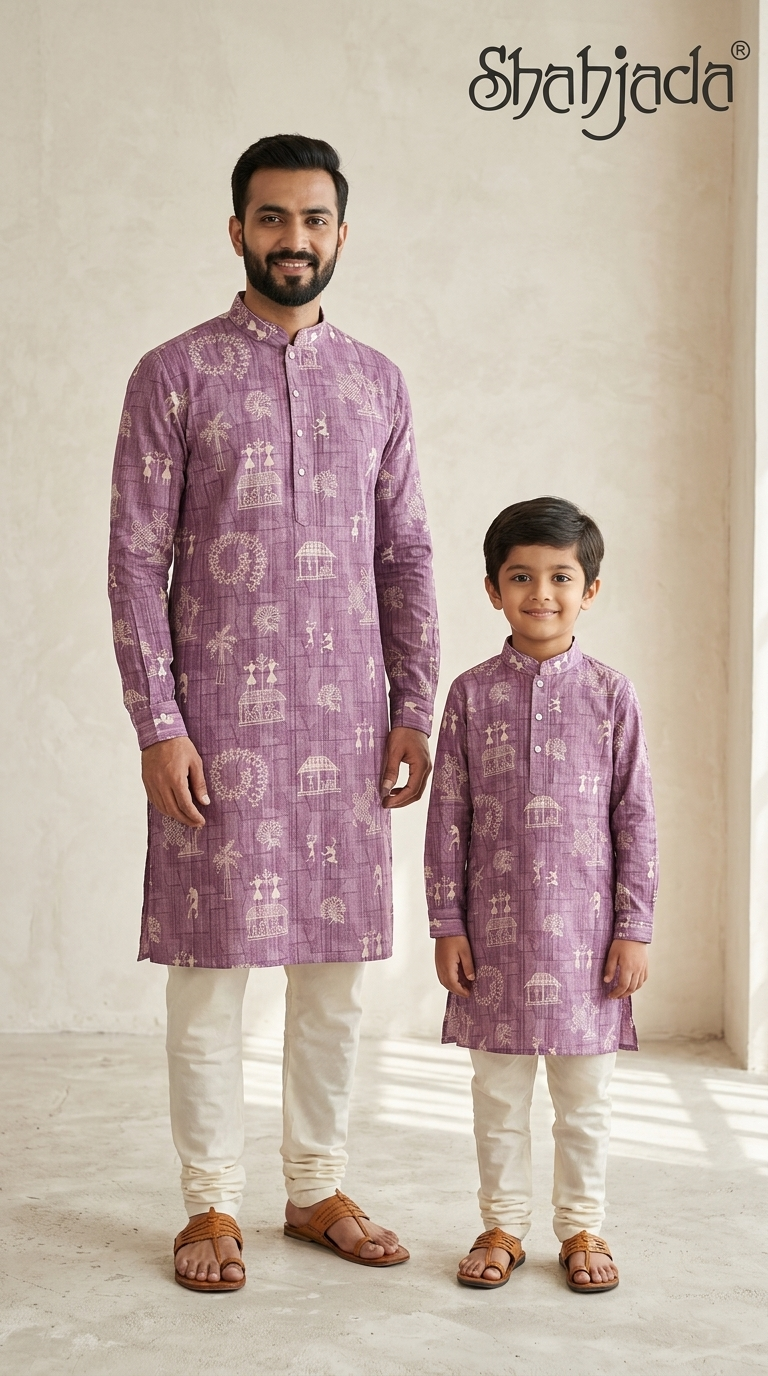 Father Son Traditional Kurta Set for Rehearsal Dinner - Digital Print