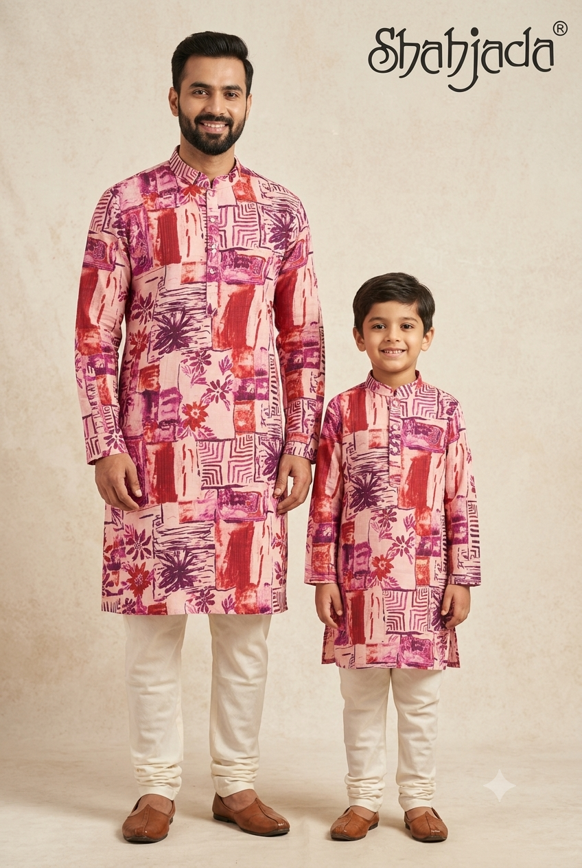 Father Son Matching Kurta Pant Set for Griha Pravesh - Viscose & Silk
