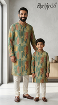 Father Son Twinning Kurta Set for Haldi - Digital Print & Silk Pants