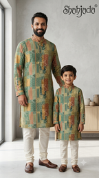Father Son Twinning Kurta Set for Haldi - Digital Print & Silk Pants