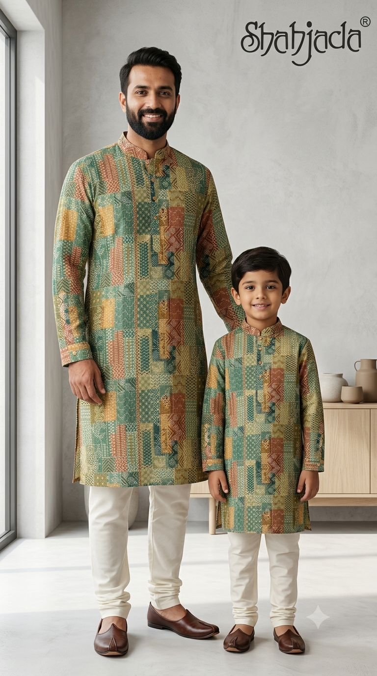 Father Son Twinning Kurta Set for Haldi - Digital Print & Silk Pants