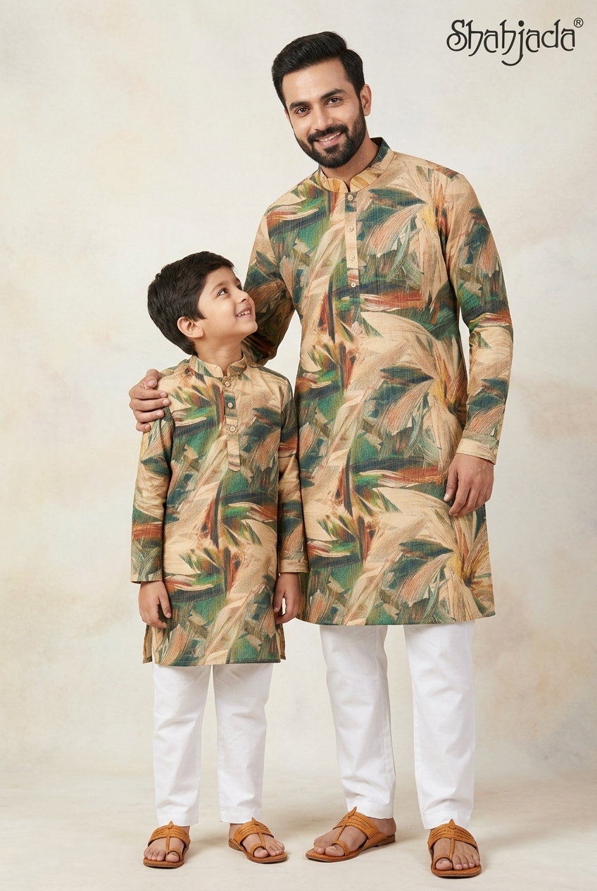 Father Son Combo Kurta Set for Janmashtami - Digital Print & Silk Pants
