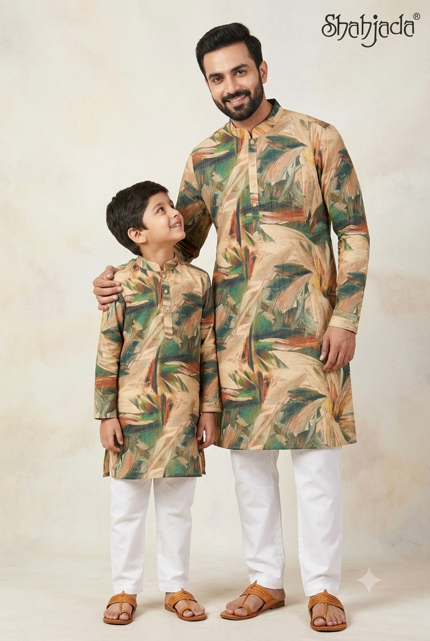 Father Son Combo Kurta Set for Janmashtami - Digital Print & Silk Pants