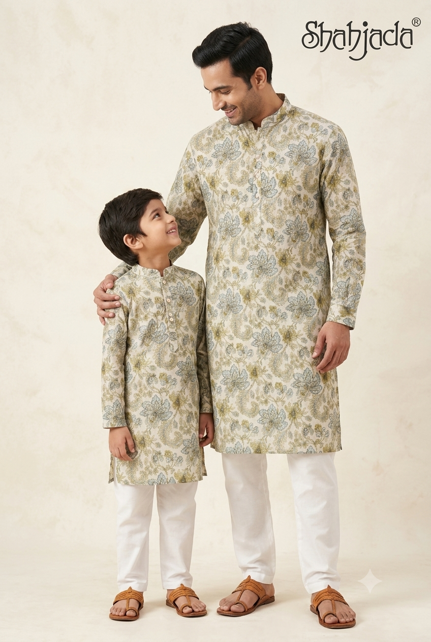 Father Son Twinning Kurta Set for Dussehra - Digital Print Viscose