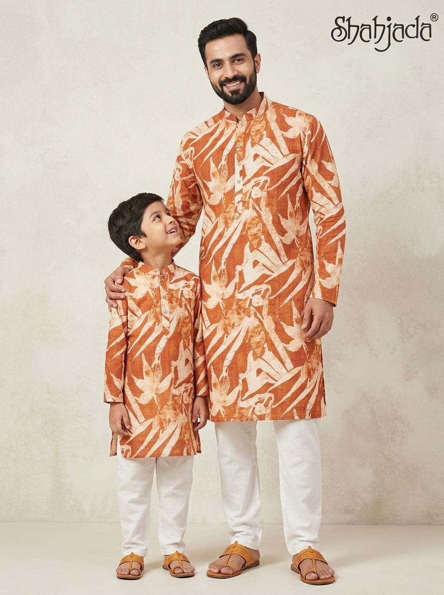 Father Son Combo Kurta Set for New Year - Digital Print & Silk Pants