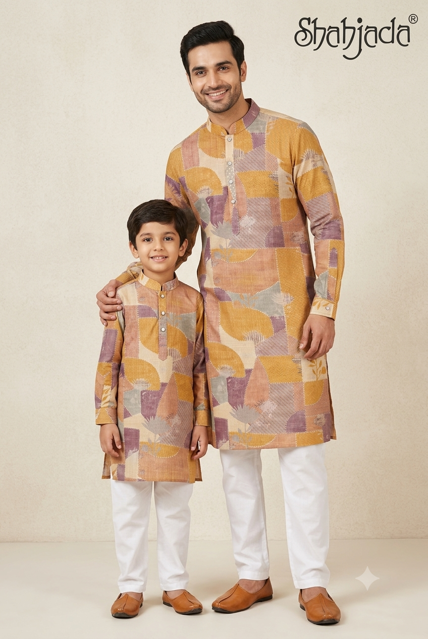 Father Son Twinning Kurta Set for Cocktail Party - Digital Print