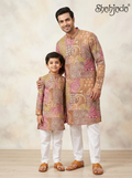 Father Son Matching Kurta Pant Set for a Wedding - Digital Print & Silk