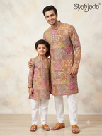 Father Son Matching Kurta Pant Set for a Wedding - Digital Print & Silk