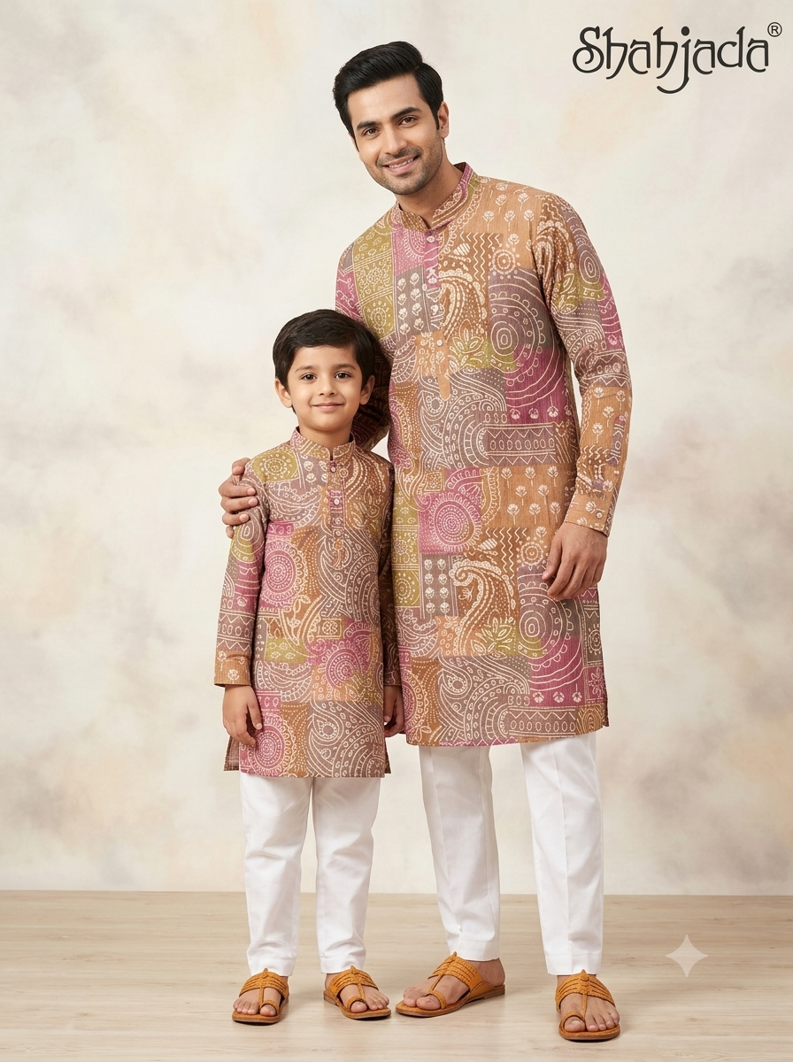 Father Son Matching Kurta Pant Set for a Wedding - Digital Print & Silk