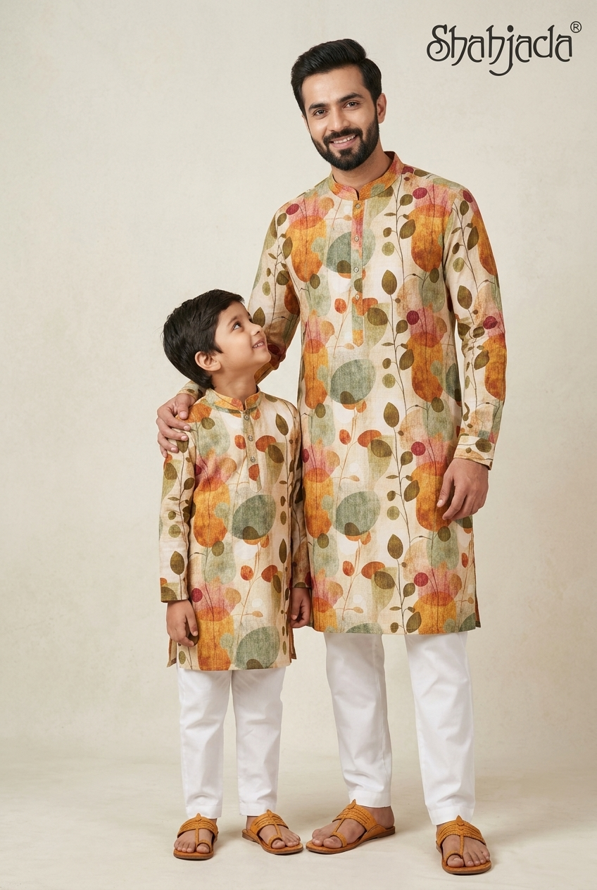 Father Son Matching Kurta Pant Set for Ring Ceremony - Digital Print