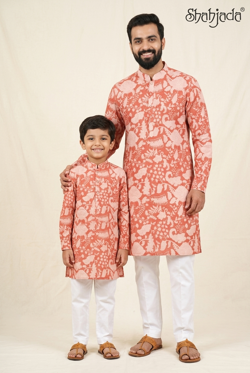 Father Son Traditional Kurta Set for Baisakhi - Digital Print & Silk