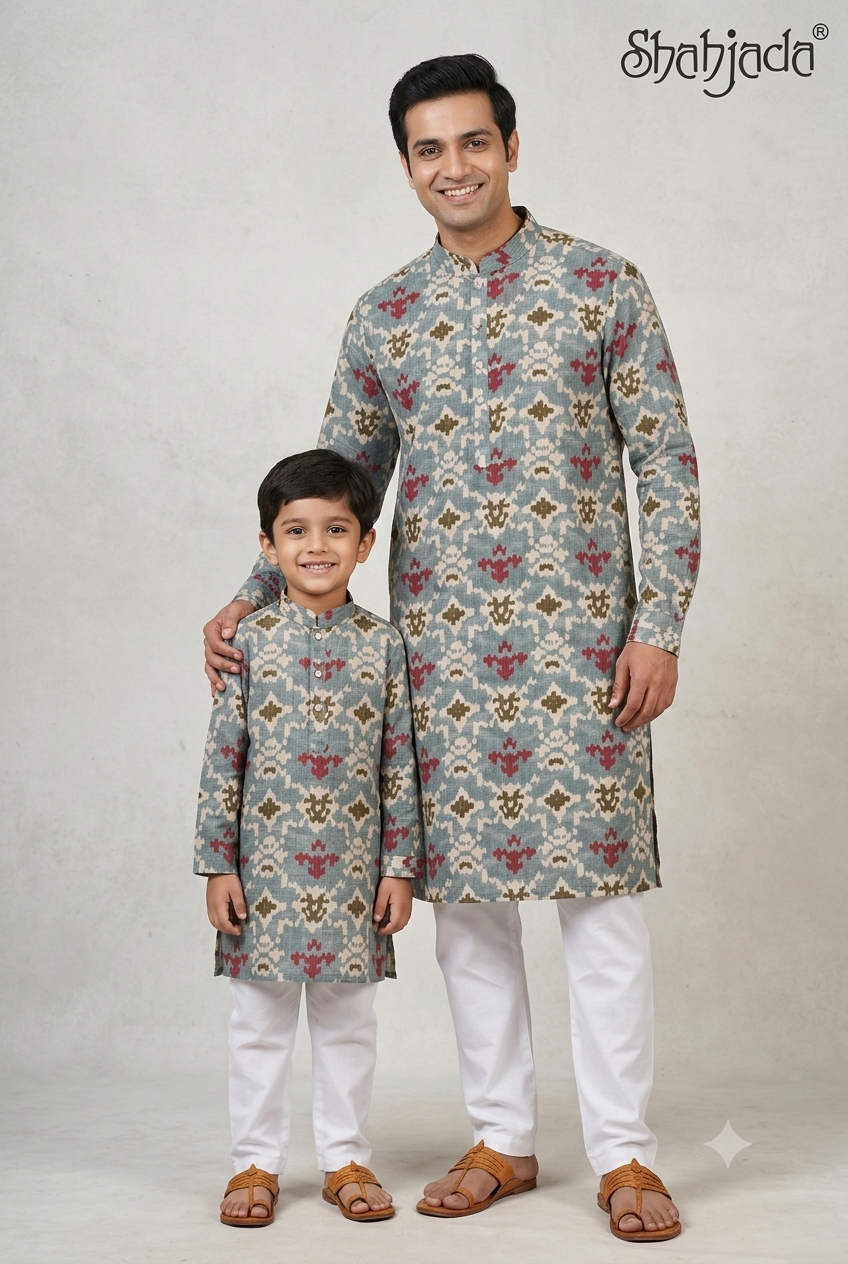 Father Son Combo Kurta Set for Lohri - Digital Print & Soft Silk Pants