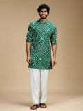 Green Embroidered Kurta Pant Set for Men with Mandarin Collar