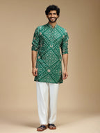 Green Embroidered Kurta Pant Set for Men with Mandarin Collar
