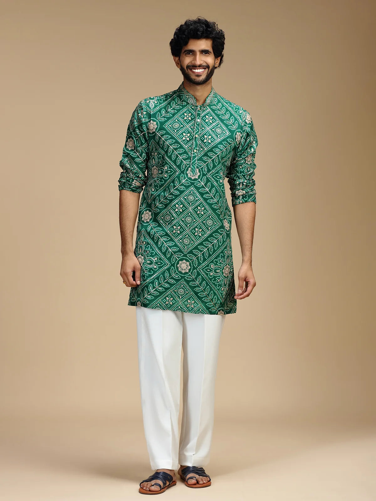 Green Embroidered Kurta Pant Set for Men with Mandarin Collar
