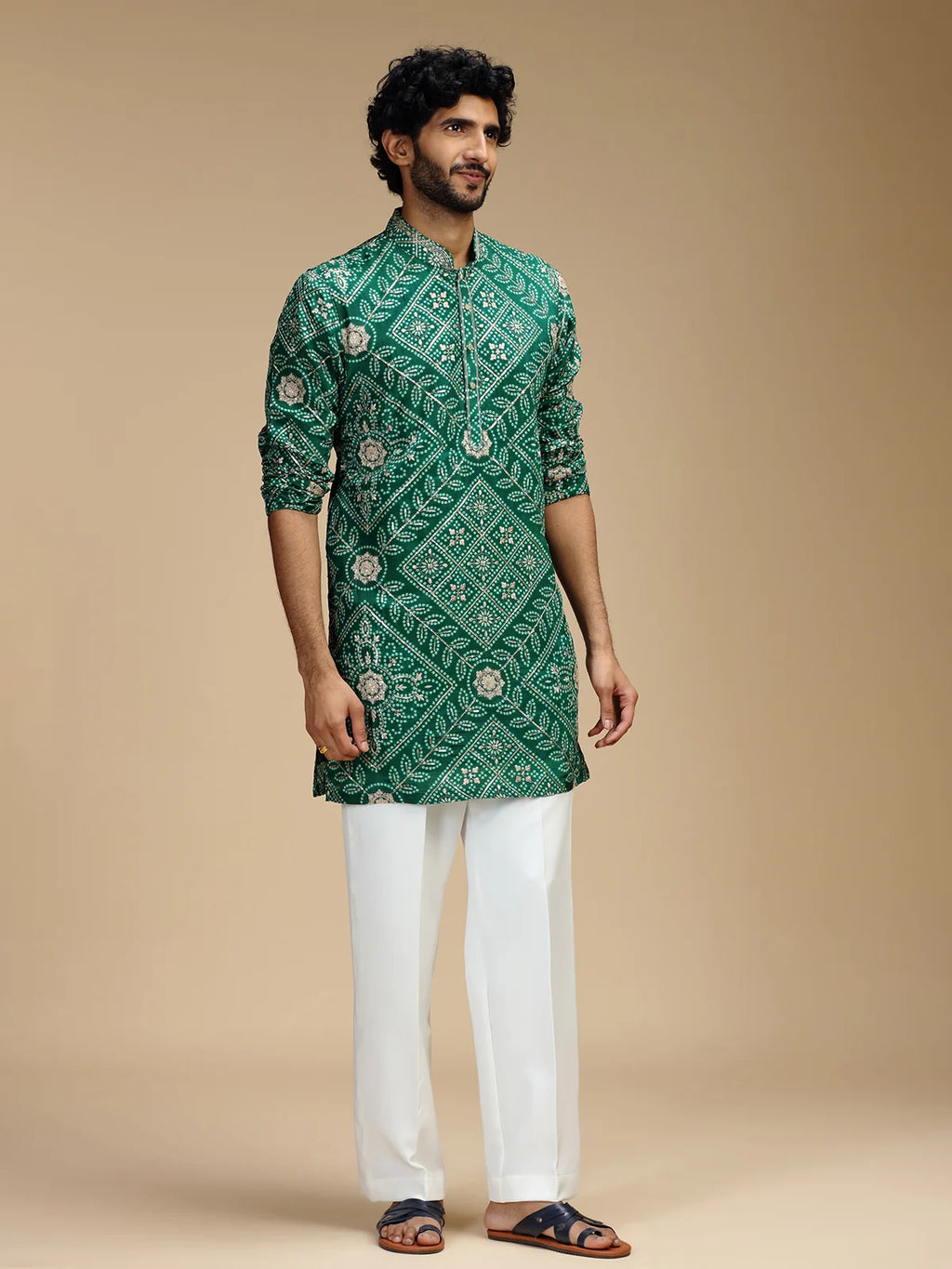 Green Embroidered Kurta Pant Set for Men with Mandarin Collar
