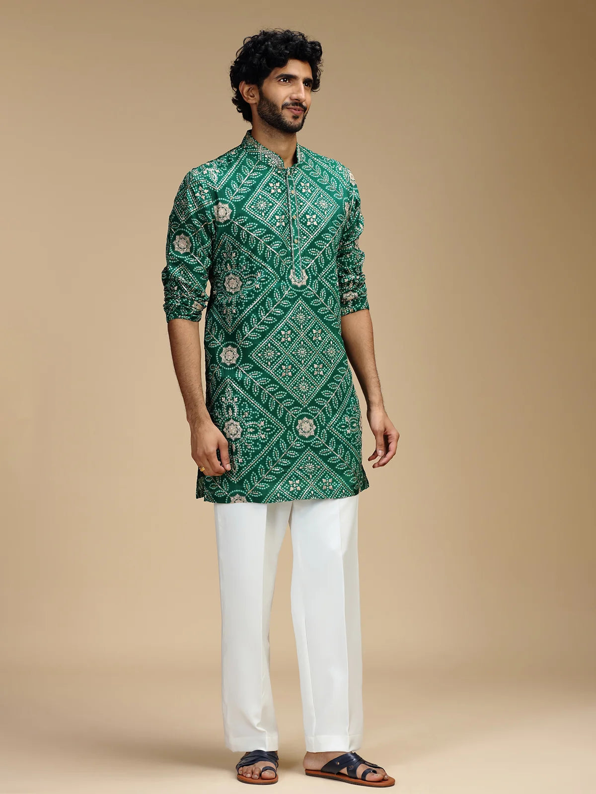 Green Embroidered Kurta Pant Set for Men with Mandarin Collar