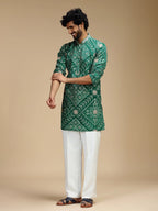 Green Embroidered Kurta Pant Set for Men with Mandarin Collar
