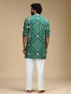 Green Embroidered Kurta Pant Set for Men with Mandarin Collar