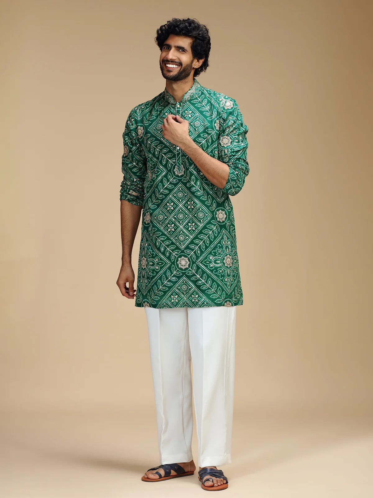 Green Embroidered Kurta Pant Set for Men with Mandarin Collar