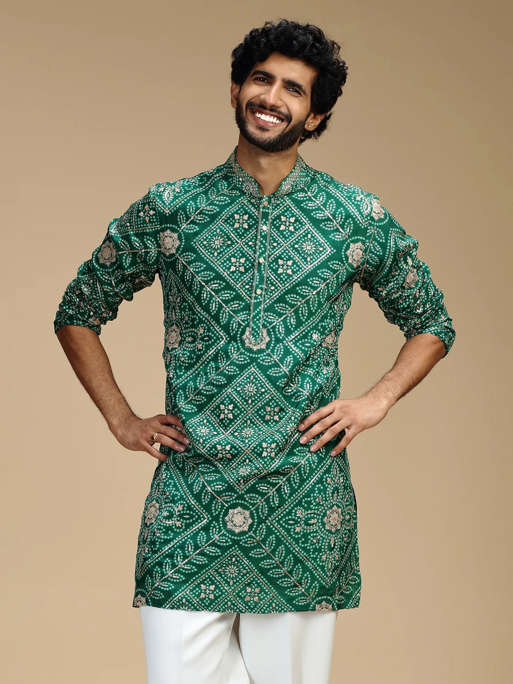 Green Embroidered Kurta Pant Set for Men with Mandarin Collar