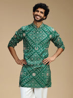 Green Embroidered Kurta Pant Set for Men with Mandarin Collar